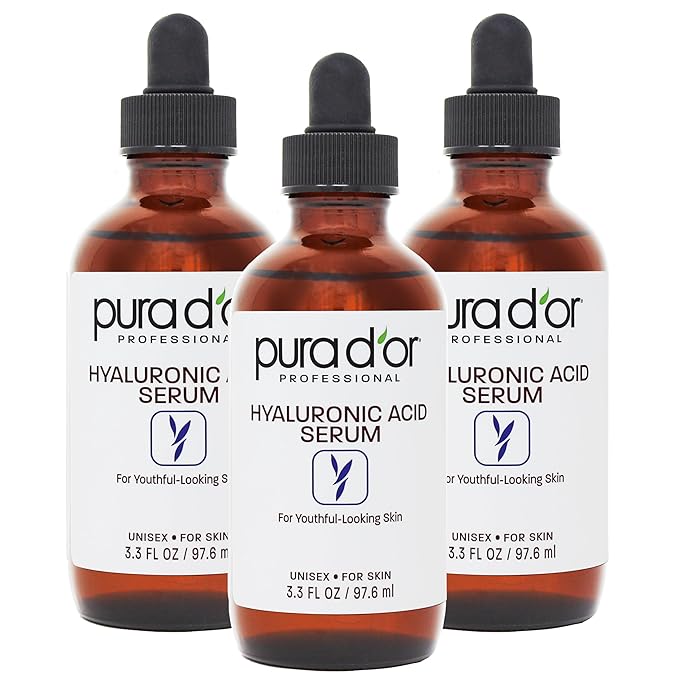 PURA D'OR Hyaluronic Acid Serum For Deep Hydration (3.3oz x3 = 9.9oz) Anti-Aging, Plumping & Moisturizing Formula For Smooth, Supple Skin - Natural Skincare Boost - Fine Lines & Wrinkle Reducer-Velvo Beauty
