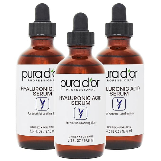 PURA D'OR Hyaluronic Acid Serum For Deep Hydration (3.3oz x3 = 9.9oz) Anti-Aging, Plumping & Moisturizing Formula For Smooth, Supple Skin - Natural Skincare Boost - Fine Lines & Wrinkle Reducer-Velvo Beauty