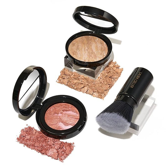 Blush-n-Glow Kit (3 PC): LAURA GELLER NEW YORK Baked Balance-N-Glow Illuminating CC Powder Foundation Light, Retractable Kabuki Brush, Baked Blush-N-Brighten Pink Grapefruit-Velvo Beauty
