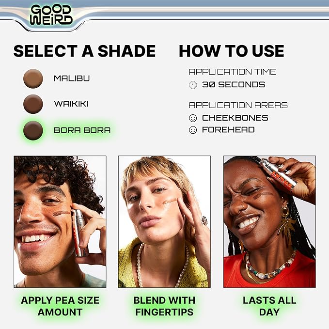 GOOD WEIRD Back From Vacay Bronzer - Vegan Liquid Face Bronzer Gel Cream for Men and Women | Natural Glow Lightweight Highlighter Makeup | Subtle Shimmer | 0.56 fl. oz. | BORA BORA (Dark Bronze)-Velvo Beauty