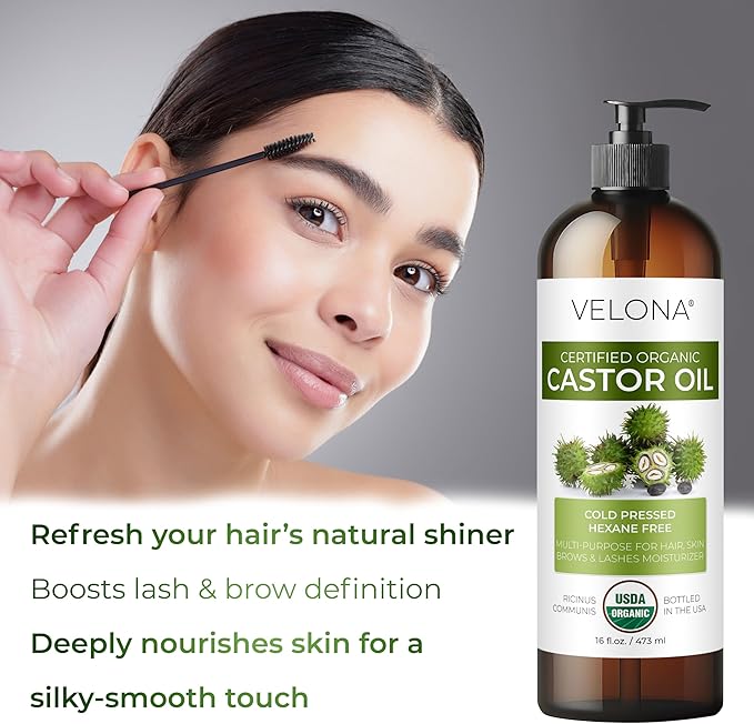 velona USDA Certified Organic Castor Oil - 16 fl oz (With Pump) | For Hair Growth, Boost Eyelashes, Eyebrows | Cold pressed, Natural Oil, USP Grade | Hexane Free, Lash Serum, Caster-Velvo Beauty