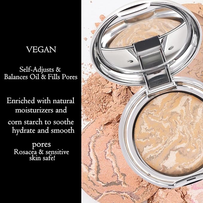 Marbleized Baked Foundation Makeup, Balance and Brighten Color Correcting Powder Foundation - Buildable Light to Medium Coverage - Demi-Matte Natural Finish (#002 LIGHT, 0.32 Oz)-Velvo Beauty