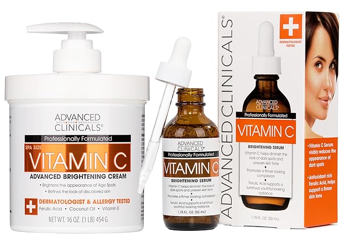 Advanced Clinicals Vitamin C Cream + Vitamin C Serum 2PC Skincare Set | Brightening Body Lotion & Facial Serum For Women & Men Helps Diminish Appearance Of Dark Spots, Wrinkles, & Uneven Skin Tone-Velvo Beauty