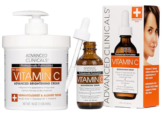 Advanced Clinicals Vitamin C Cream + Vitamin C Serum 2PC Skincare Set | Brightening Body Lotion & Facial Serum For Women & Men Helps Diminish Appearance Of Dark Spots, Wrinkles, & Uneven Skin Tone-Velvo Beauty