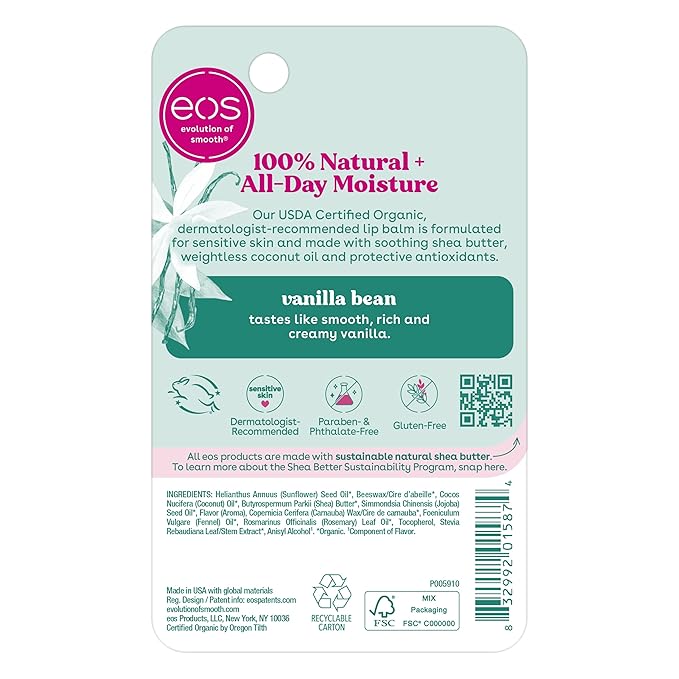 eos 100% Natural & Organic Lip Balm Stick- Vanilla Bean | Dermatologist Recommended for Sensitive Skin | All-Day Moisture Lip Care Products | 0.14 oz (Pack of 2)-Velvo Beauty