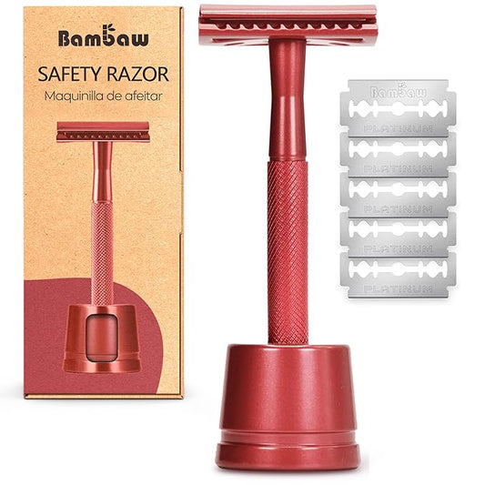 Bambaw Double Edge Safety Razor with Stand, Safety Shaving Razor with 5 Double Edge Safety Razor Blades, Eco-Friendly Razor for Shaving – Red-Velvo Beauty