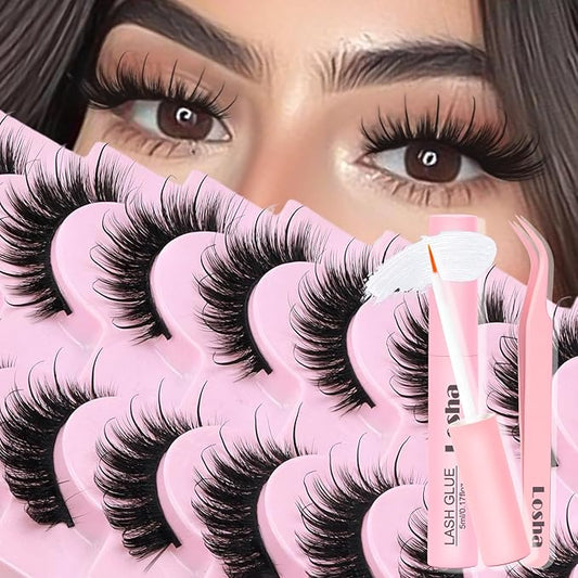 Losha Lashes Fluffy False Eyelashes 10 Pairs Spiky Cat Eye Lashes Kit with Lash Glue and Lash Tweezers 3D Volume Fake Eyelashes Soft Faux Mink Lashes Pack (Bold)-Velvo Beauty