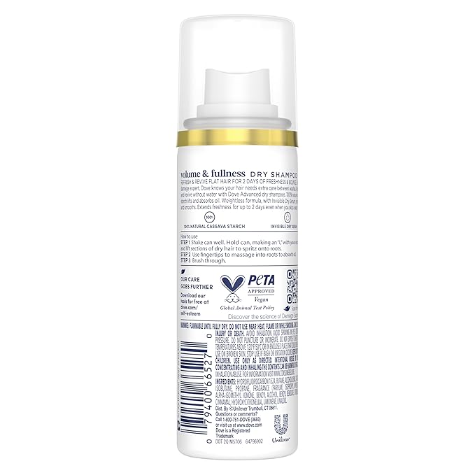 Dove Advanced Dry Shampoo Volume & Fullness Refresh & Revive Flat Hair Without Water for 2 Days of Freshness & Bounce 1.15 oz-Velvo Beauty