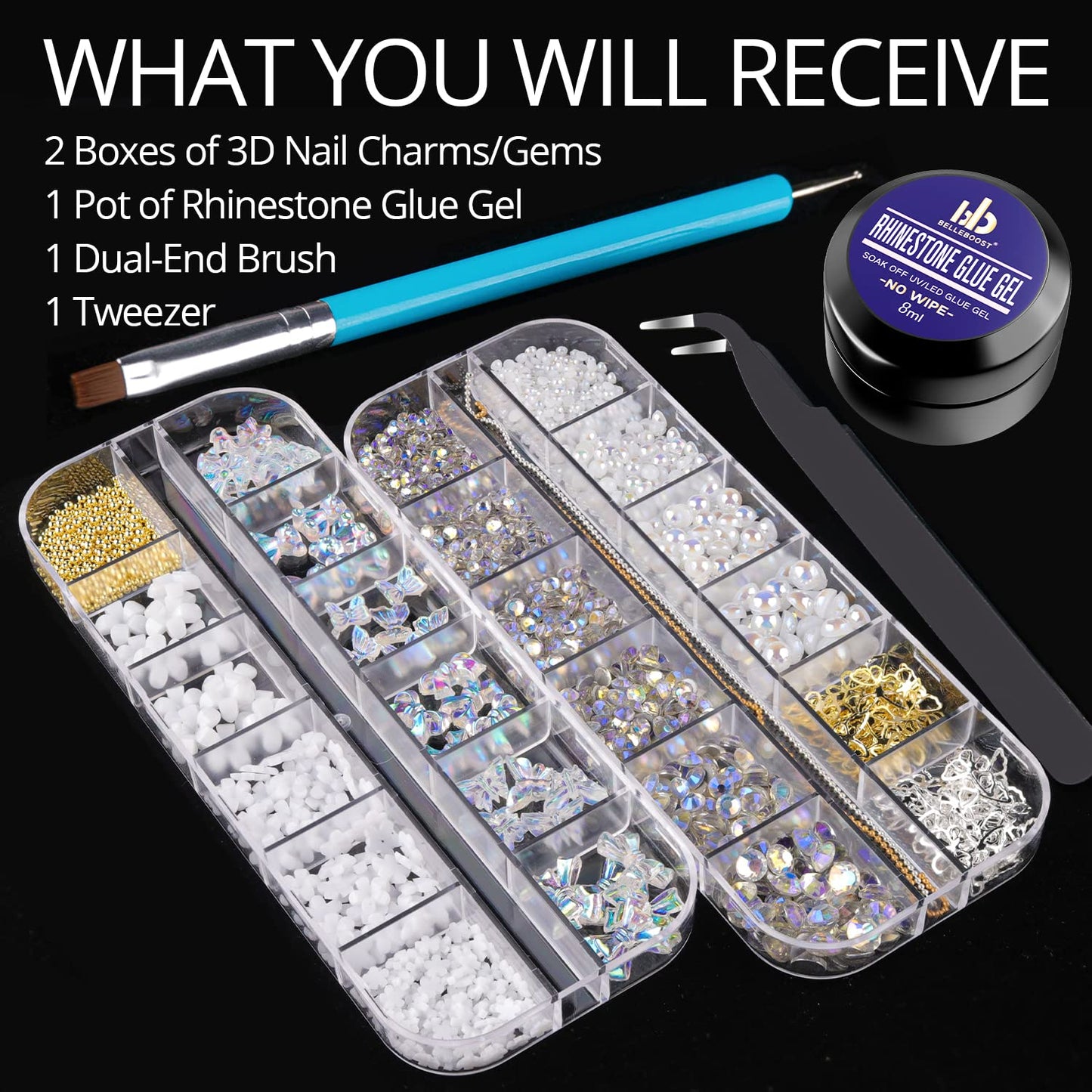 Mixed 3D Nail Art Gem Decoration Accessories Kit #5, Aurora Bear Bow Butterfly Starry AB Rhinestone Charm Jewelry for Deco, Pearl Flower Caviar Bead Stone Crystal with Dual-End Brush and Tweezer-Velvo Beauty