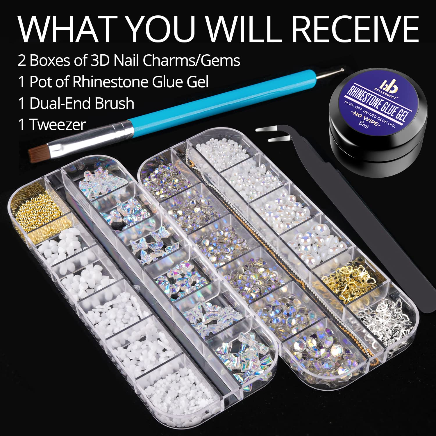 Mixed 3D Nail Art Gem Decoration Accessories Kit #5, Aurora Bear Bow Butterfly Starry AB Rhinestone Charm Jewelry for Deco, Pearl Flower Caviar Bead Stone Crystal with Dual-End Brush and Tweezer-Velvo Beauty
