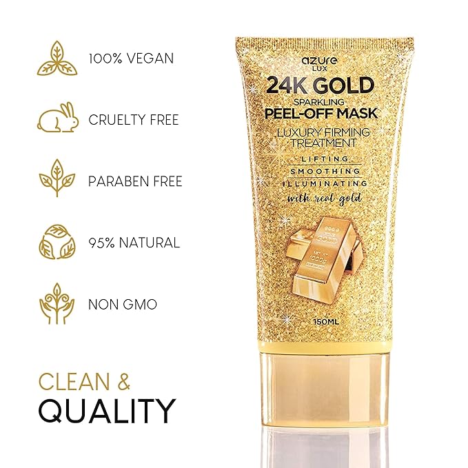 AZURE 24K Gold Firming Peel Off Face Mask - Anti Aging, Lifting, Illuminating & Revitalizing - Removes Blackheads, Dirt & Oil with Hyaluronic Acid & Collagen - Korean Skin Care - 150 mL - Pack of 2-Velvo Beauty