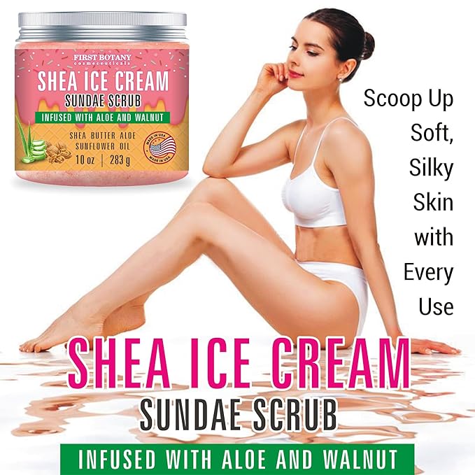First Botany Body Scrub - Natural Exfoliating Salt Scrub & Body and Face Souffle helps with Moisturizing Skin, Acne, Cellulite, Dead Skin Scars, Wrinkles (10 fl oz, Shea Icecream)-Velvo Beauty