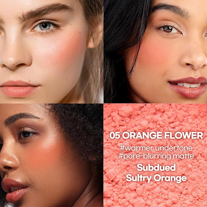 Hope Girl 3D Powder Blusher 0.17oz | Skin-Loving Korean Mini Blush for Cheeks and Eye Makeup w/Allantoin | K Beauty Cool Toned Vibrant Sunkissed Fine Powder Makeup Blush Cosmetics (#05 Orange Flower)-Velvo Beauty