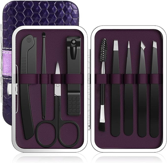 9PCS Tweezers Set for Facial Hair, Precision Tweezer for Eyebrows with Curved Scissor and Eyebrow Razor for Ingrown Hair as Stocking Stuffers Gifts for Women/men-Velvo Beauty