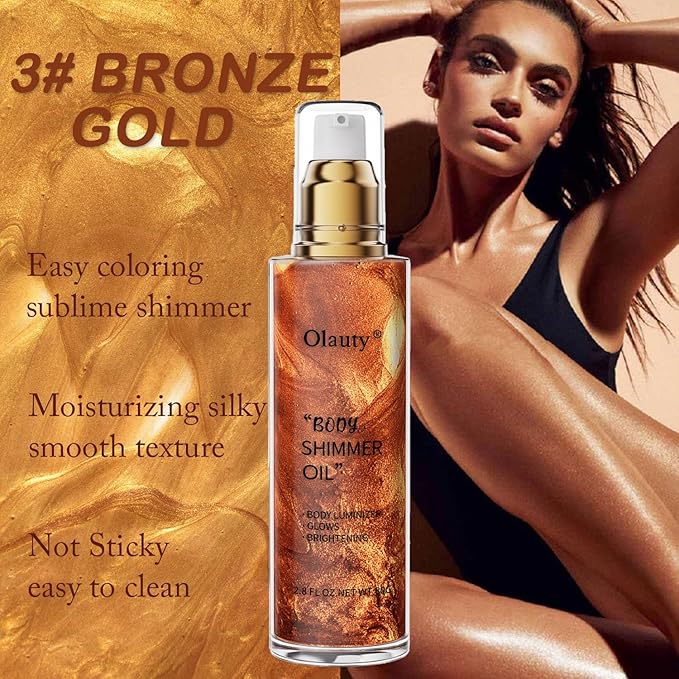 Shimmer Body Oil, Highlighter Makeup Smooth Glitter Glow Liquid Foundation for Face & Body,Liquid Illuminator Body Shimmer Lotion for Women (3# Bronze Gold)-Velvo Beauty