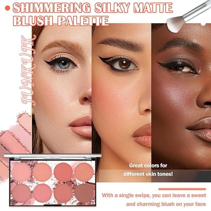8 Colors Blush Palette,Shimmer Silky Matte Blush Powder Palette,Professional Cute Face Contour Highlighter Blush Palette with Blush Makeup Brush-Velvo Beauty