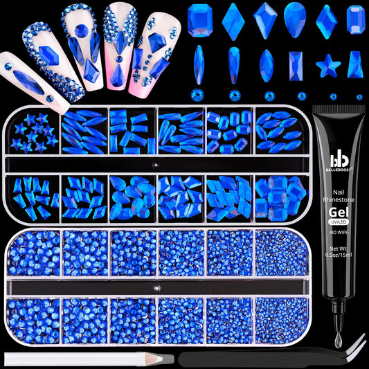 3220Pcs Royal Blue Glass Rhinestones 120Pcs Multi Shapes Flatback Gems + 3100Pcs 1.5-4mm Round Crystal With Glue Gel, Manicure Charms Diamond Gemstones for Nail Art-Velvo Beauty