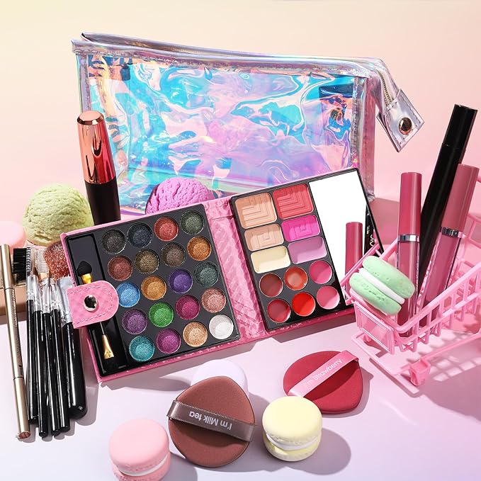 Makeup Set for Women Full Kit - 32 Colors Makeup Palette,5pcs Brushes Set, Mascara & Stamp Liquid Eyeliner, Eyebrow Pen, 2pcs Matte Liquid Lipsticks, 2 Powder Puff, 1 Cosmetic Bag Makeup Gift Set-Velvo Beauty