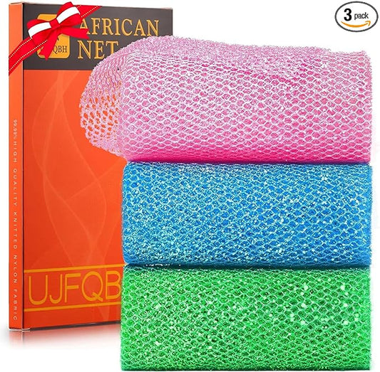UJFQBH 3 Piece Bright Style African exfoliating net Exfoliating Shower Set Long Bath Sponges for Smooth, Refreshed Skin, The Exterior Gleams - Ideal for Daily Use (Bright Pink, Blue, Green)-Velvo Beauty
