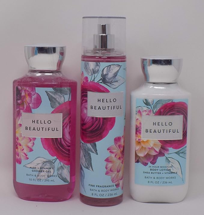 Hello Beautiful (White Gardenia, Jasmine, Magnolia, Pink Nectarine, Cotton Musk) Lot of Three Full Size 1- 10 oz Shower Gel, 1- 8 oz Body Lotion, and 1- 8 oz Fine Fragrance Mist-Velvo Beauty