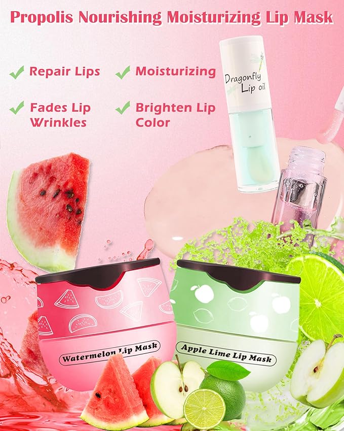 2Pcs Watermelon Lip Balm Honey Pot Lip Mask & Lip Glowy Oil Lip Care Set, Propolis Moisturizing & Nourish Hydrating Lip Gloss Repair, Reduce Lip Line & Plump Dry Cracked Lip Scrub Exfoliator -Set C-Velvo Beauty