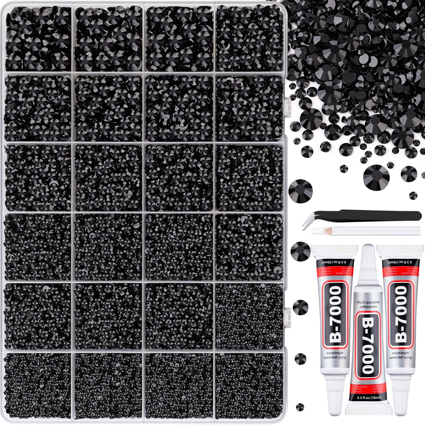 30000Pcs Black Rhinestones for Bedazzling Crafting, Flatback Resin Gems Crystal, Bedazzler Kit with 3Pcs 10ml B7000 Jewelry Glue and Tweezers for DIY Crafts Clothing Shoes Fabric Nail Art-Velvo Beauty
