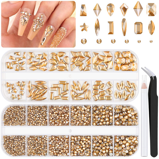 3220Pcs Gold Nail Rhinestones, 1.5-4mm Mini Flatback Crystal & 3D Multi Shapes Gems, Champagne Gold Charms Diamond Gemstones for Nails Decoration-Velvo Beauty