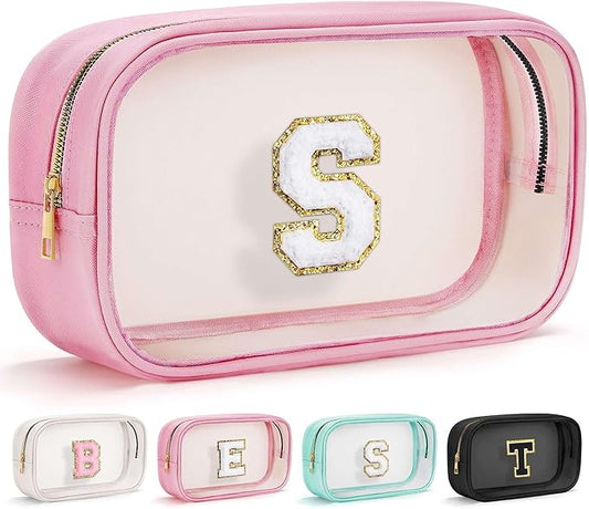 YOOLIFE Initial Birthday Gifts for Girls Kids Clear Makeup Bag Preppy Cosmetic Bags Organizer Travel Essentials Pink Gifts for Girls Teen Girlfriend Teacher Kids Birthday Gift Preppy Stuff M-Velvo Beauty