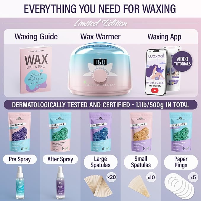 Tress Wellness Waxing Kit for Sensitive Skin – Safe for Face & Skin, Prep & Aftercare Spray, Easy to Use – At-Home Kit for Face, Bikini, Brazilian & Full Body - Digital Display, Pink to Teal-Velvo Beauty