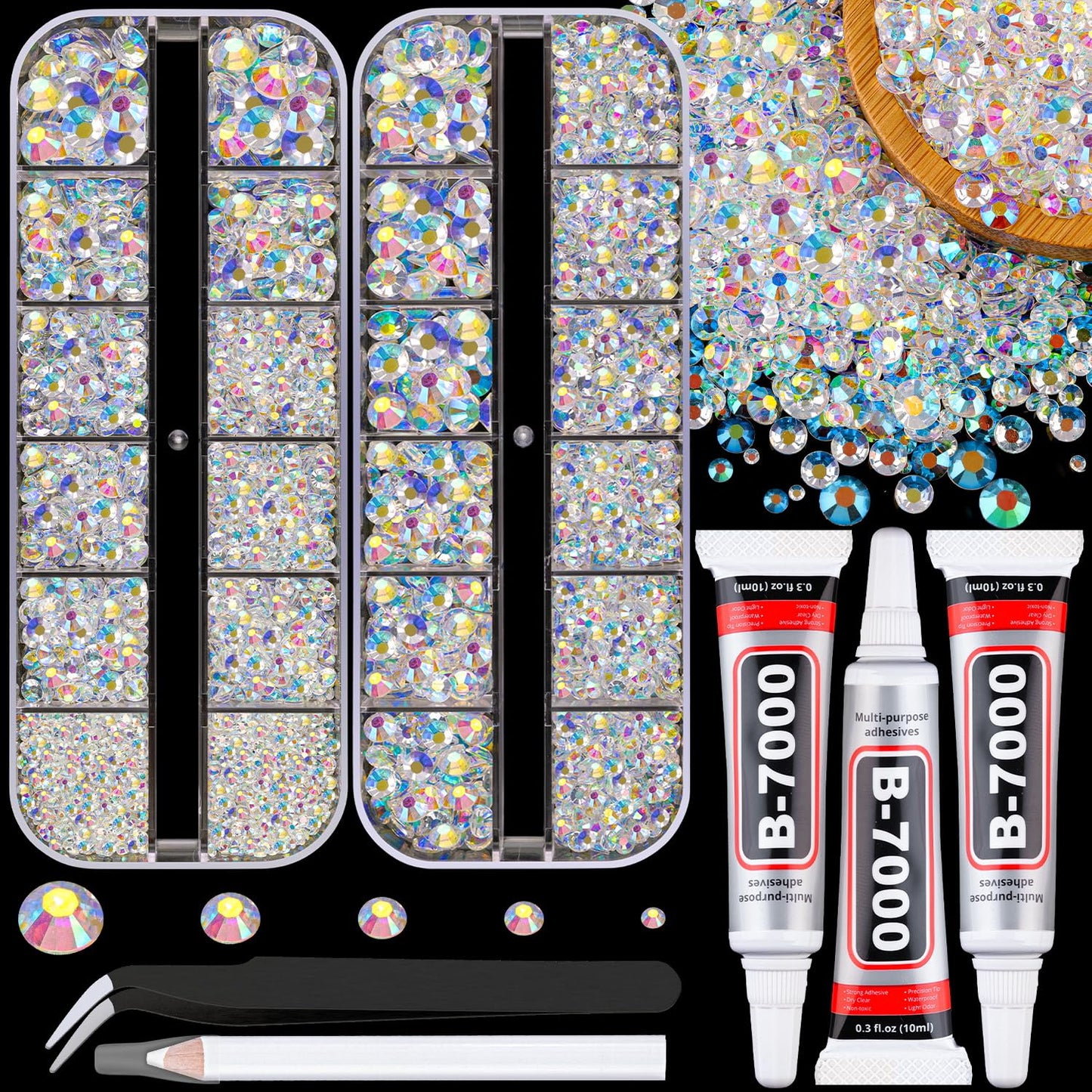 Resin Jelly Rhinestones for Crafting with B7000 Jewelry Glue, 2 Boxes Transparent AB Flatback Crystals with 3Pcs 10ml Glue, Bedazzling Non Hotfix Gems for DIY Tumblers Clothing Shoes Manicure-Velvo Beauty