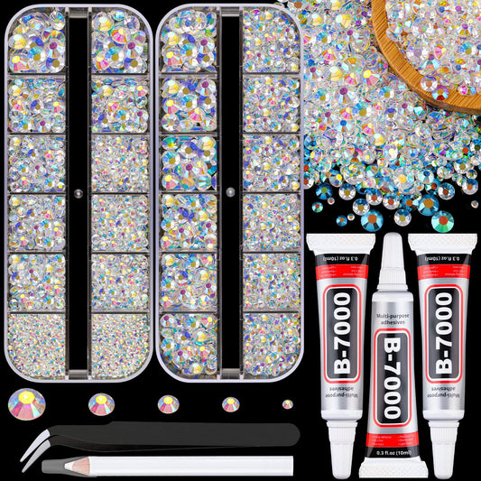 Resin Jelly Rhinestones for Crafting with B7000 Jewelry Glue, 2 Boxes Transparent AB Flatback Crystals with 3Pcs 10ml Glue, Bedazzling Non Hotfix Gems for DIY Tumblers Clothing Shoes Manicure-Velvo Beauty