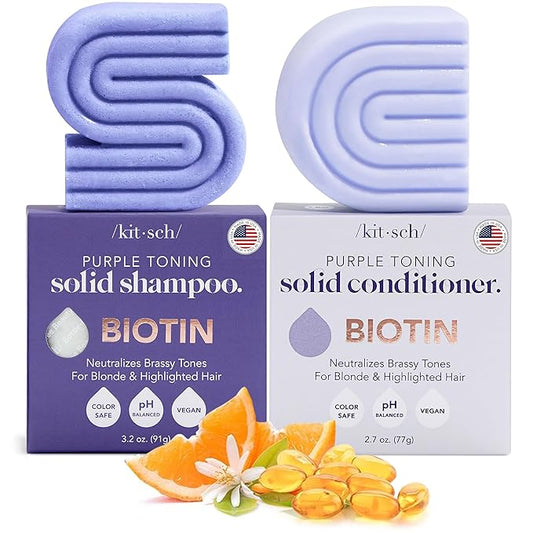 Kitsch Toning Purple Shampoo & Conditioner Bar Set For Blondes & Color Treated Hair - With Biotin for Strengthening & Neutralizing Brassy Tones - Vegan, Silicone & Sulfate Free - Made in USA-Velvo Beauty