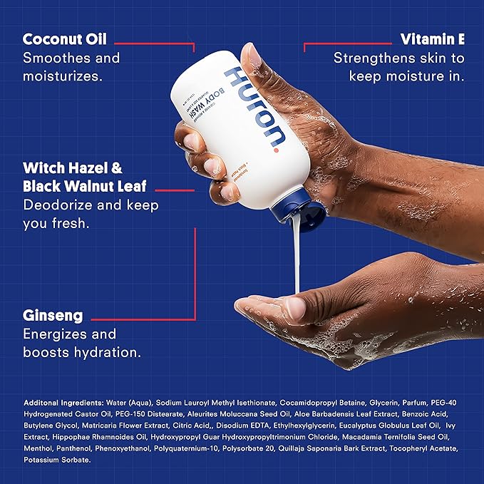 Huron Men’s Moisturizing Body Wash – Crisp & Invigorating Scent of Citrus, Eucalyptus, Mint, & Aromatic Greens - Made With Coconut Oil, Vitamin E & Witch Hazel – Vegan, Cruelty-Free - 12.2 fl oz-Velvo Beauty
