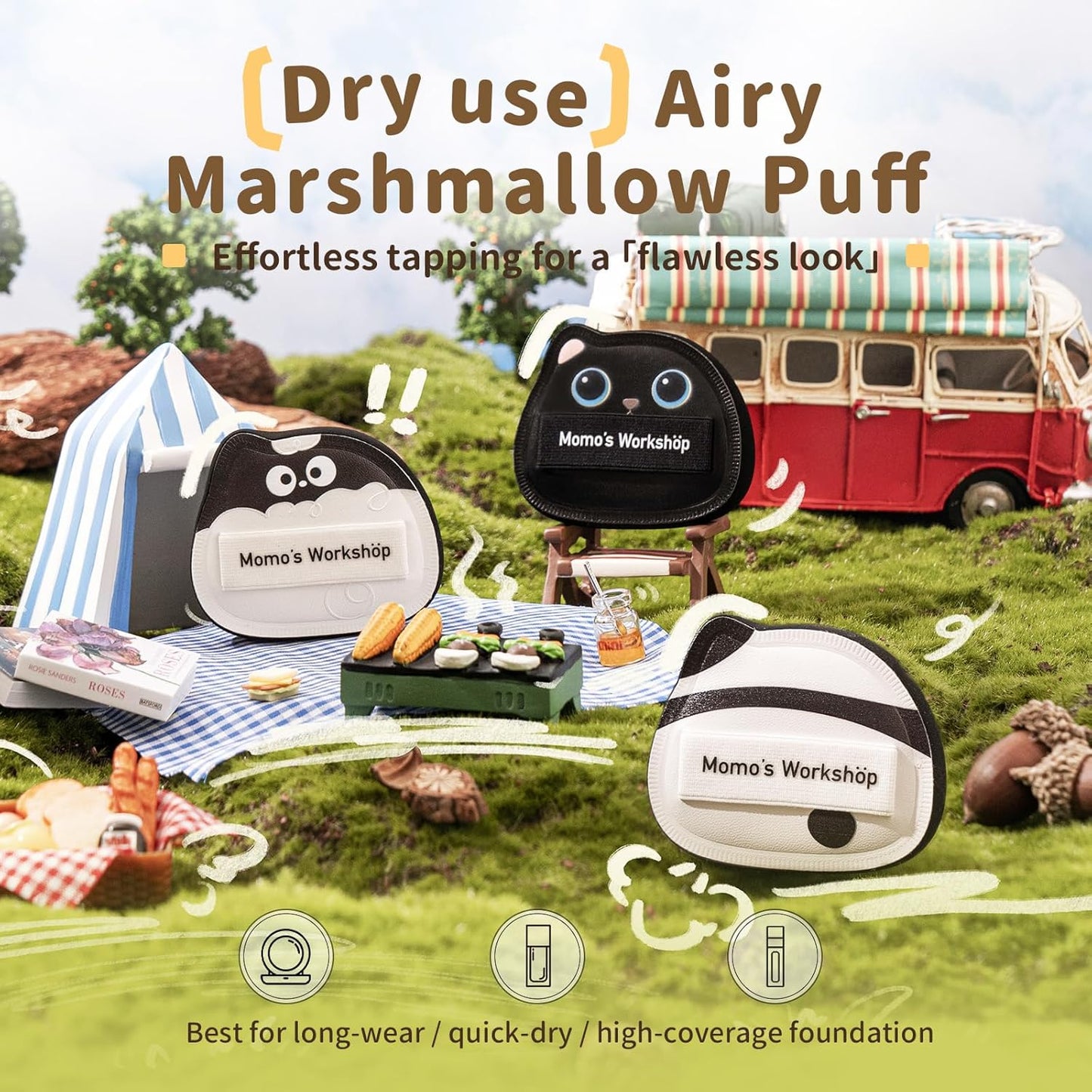 Black Cat Toto Airy Marshmallow Puff,Makeup Sponge,Rubycell Material,Pointed Tip for Concealer + Flat Side for Foundation, Longwear Makeup, Travel Friendly & Reusable,2pcs Puffs & Storage Case-Velvo Beauty