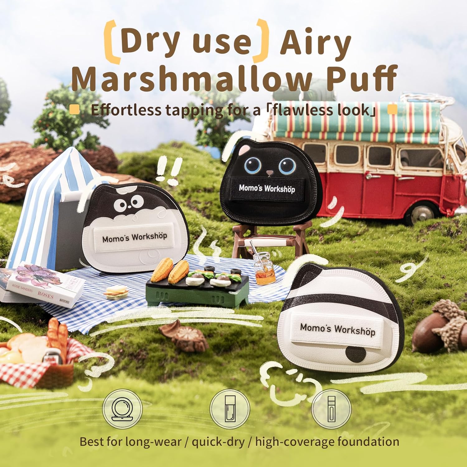 Black Cat Toto Airy Marshmallow Puff,Makeup Sponge,Rubycell Material,Pointed Tip for Concealer + Flat Side for Foundation, Longwear Makeup, Travel Friendly & Reusable,2pcs Puffs & Storage Case-Velvo Beauty