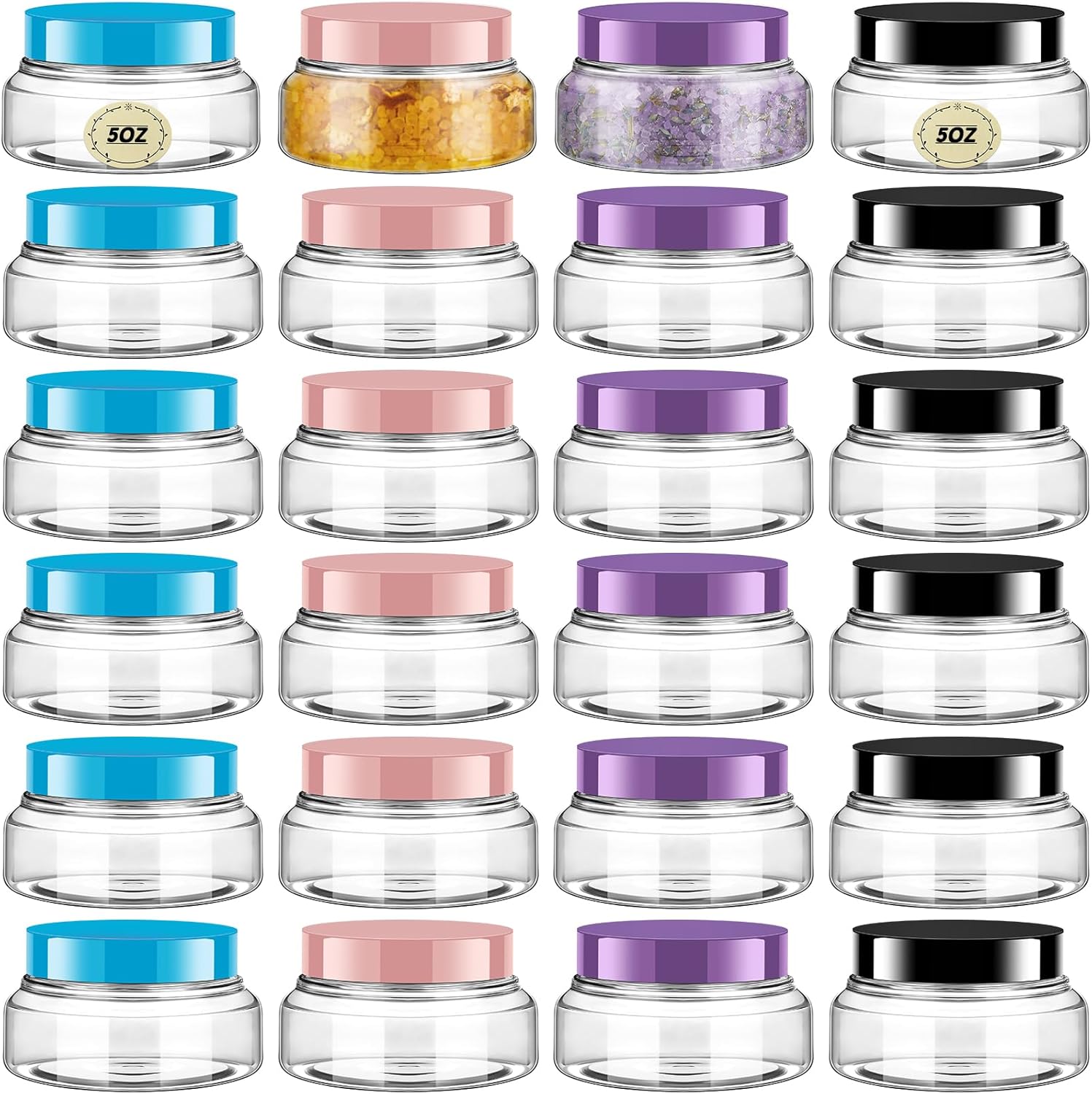 Tessco 24 Pack Plastic Jars with Lids Labels Empty Clear Plastic Jars Round Refillable Cosmetic Containers Body Butter Containers Bulk Sugar Scrub Bottle for Make Up(5 oz,Multicolor)-Velvo Beauty