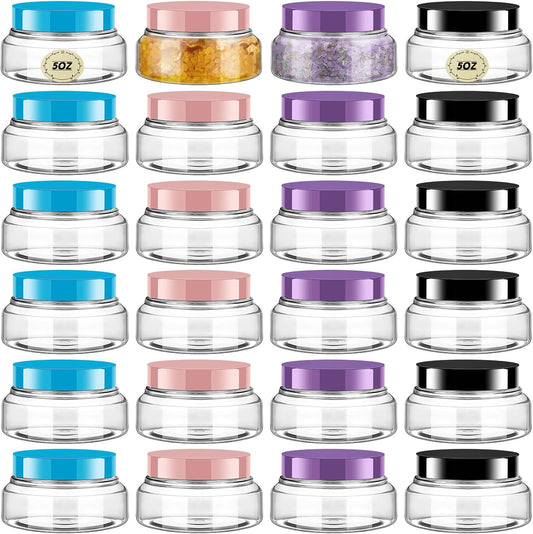 Tessco 24 Pack Plastic Jars with Lids Labels Empty Clear Plastic Jars Round Refillable Cosmetic Containers Body Butter Containers Bulk Sugar Scrub Bottle for Make Up(5 oz,Multicolor)-Velvo Beauty