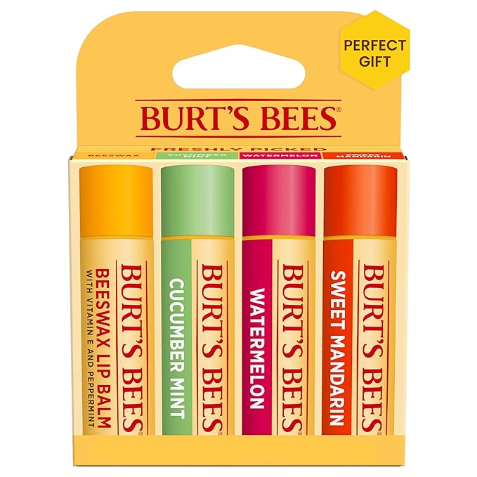 Burt's Bees Lip Balm - Original Beeswax, Cucumber Mint, Watermelon & Sweet Mandarin, With Responsibly Sourced Beeswax, Tint-Free, Natural Origin Treatment, 4 Tubes, 0.15 oz.-Velvo Beauty