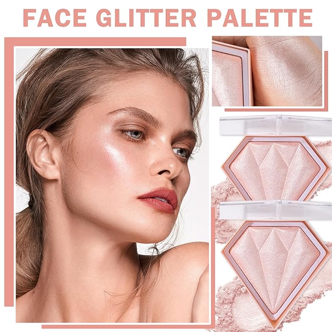 2PCS Fairy Pink Highlighter Makeup Palette Face Powder Highlighters Iluminadores De Maquillaje Shimmer Glitter Diamond Highlighter Blush Powder Makeup Palette-Velvo Beauty