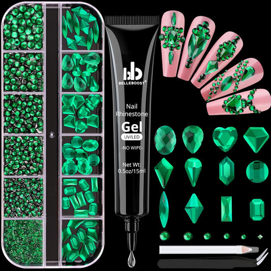2060Pcs Emerald Green Glass Nail Rhinestones 60Pcs Multi Shapes Flatback Nail Gems + 2000Pcs 1.5-4mm Round Crystal with Rhinestones Glue Gel, Manicure Nail Charms Diamond Gemstone for Nail Art-Velvo Beauty