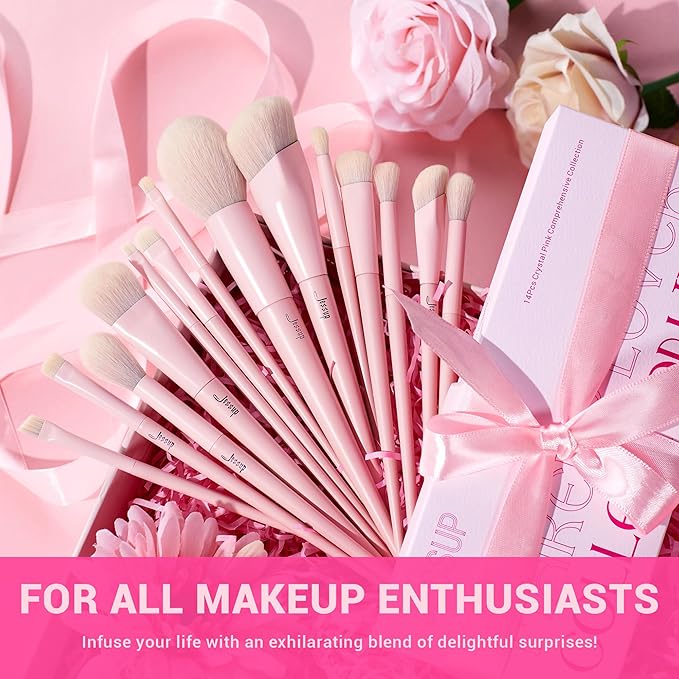 Jessup Pink Makeup Brushes Set 14Pcs Make up Brushes Premium Vegan Foundation Concealer Blush Eyeshadow Eyeliner Powder Highlighter Blending Face Brush Set, T495-Velvo Beauty