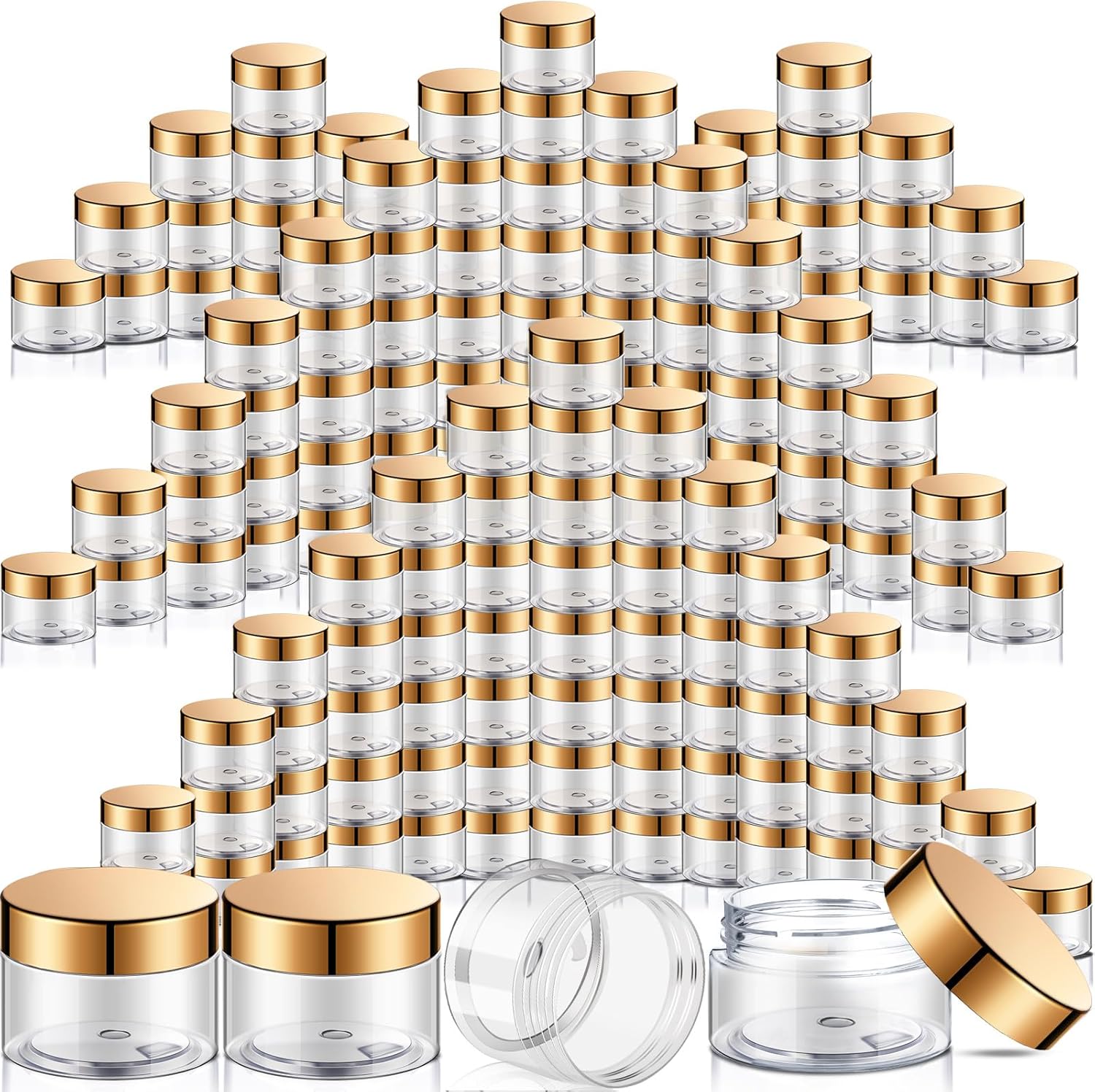 SATINIOR 100 Pcs Plastic Jars with Lids Small Containers Lids Wide Mouth Small Plastic Containers for Lotion Cream Rhinestones Body Butters Travel Storage(2 oz,Gold)-Velvo Beauty