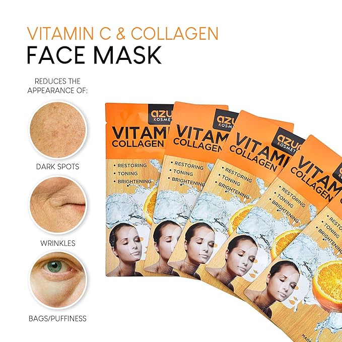 Azure Cosmetics Vitamin C & Collagen Face Mask - Dermatologist Tested, Anti Aging, Hydrating & Moisturizing Sheet Mask for Dry Skin - Firms, Tones & Smooths Fine Lines - Korean Skin Care - Pack of 5-Velvo Beauty
