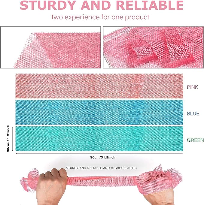 UJFQBH 3 Pieces African exfoliating net African Net Long Net Bath Sponge Exfoliating Shower Body Scrubber Back Scrubber Skin Smoother,Great for Daily Use (Pink, Blue, Green)-Velvo Beauty