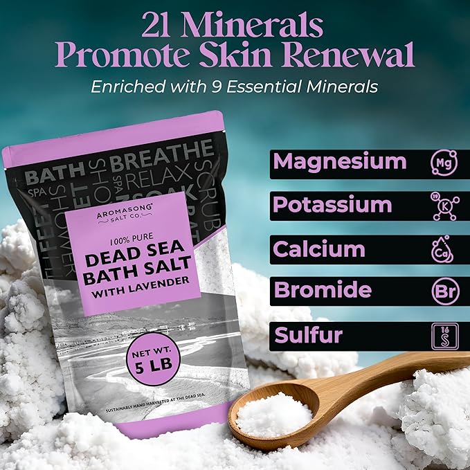 Aromasong Pure Dead Sea Salt for Soaking with 100% Natural Lavender, 5 LB - Spa Bath Salt Fine Grain - Body Wash Scrub - Soak for Women & Men- Bulk Resealable Pack (Packaging May Vary)-Velvo Beauty