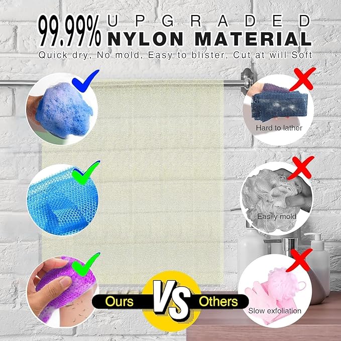 UJFQBH 4 Pieces African exfoliating net African Net Long Net Bath Sponge Exfoliating Shower Body Scrubber Back Scrubber Skin Smoother,Great for Daily Use (Purple, Blue, Green, White)-Velvo Beauty