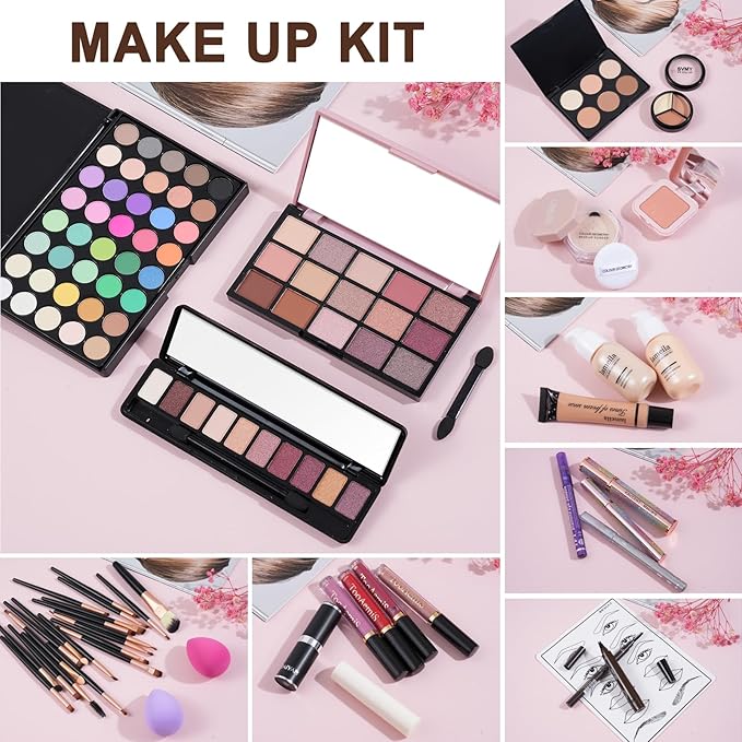 All in One Makeup Kit Makeup Kit for Women Full Kit Multipurpose Makeup ,eyeshadow、 liquid foundation,Loose powder,Eyebrow pencil,4-color lip gloss set-Velvo Beauty