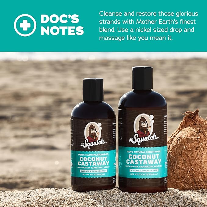 Dr. Squatch Natural Hair Bundle for Men - Healthy, Full Looking Hair - Coconut Castaway Shampoo (8 fl oz), Coconut Castaway Conditioner (11.5 fl oz)-Velvo Beauty