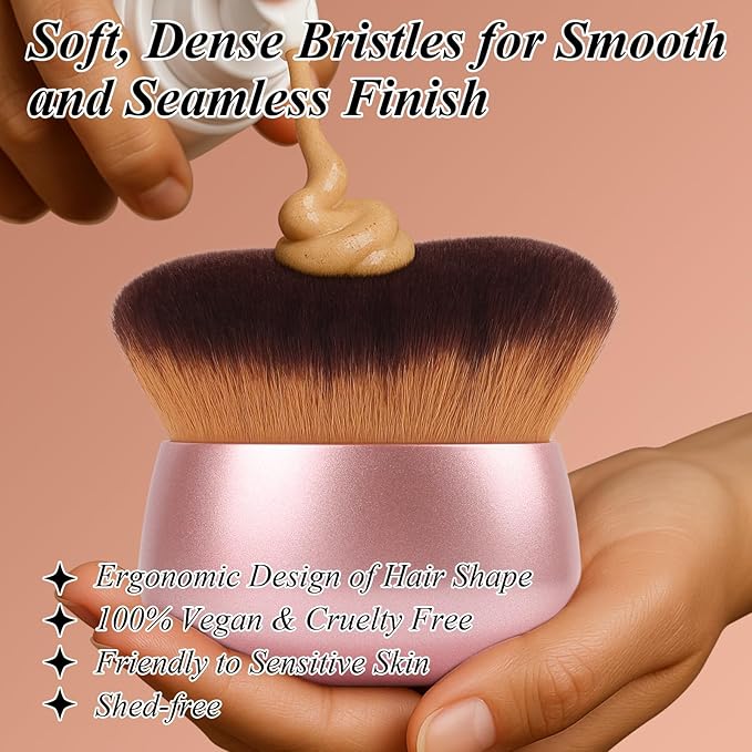 75MM Extra Large Self Tanner Kabuki Makeup Brush – Ultra Soft Dense Vegan Bristles for Body Makeup, Bronzer & Foundation–Applies Tanning Mousse, Lotion & Self Tanner–Rose Gold, Wet & Dry-Velvo Beauty