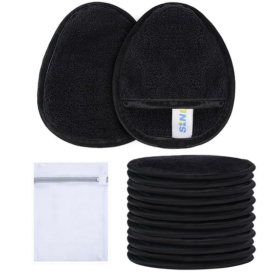 SINLAND Reusable Makeup Remover Pads For Face,Eye,Lips Microfiber Gentle Facial Cleansing Cloths for All Skin Types Friendly for Makeup Remover With Laundry Bag Black Pack of 12-Velvo Beauty